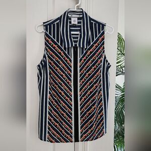 CAbi Navy and White Striped Floral Sleeveless Shirt